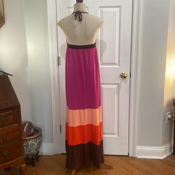 Roxy Maxi sun dress long halter style summer color block pink brown women size M - Picture 7 of 16
